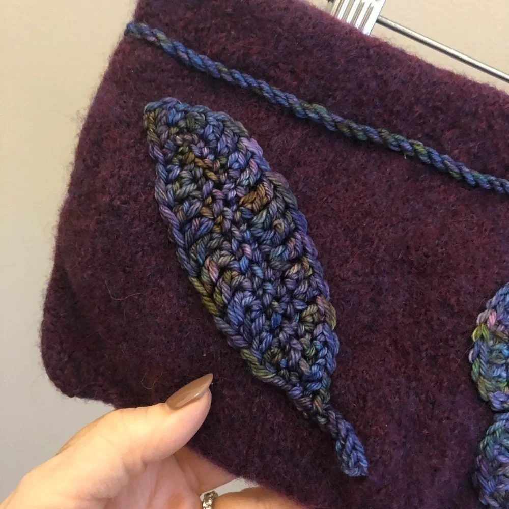 Wool Felted Bag Clutch Crochet Floral Trim Lined Purple Snap Closure